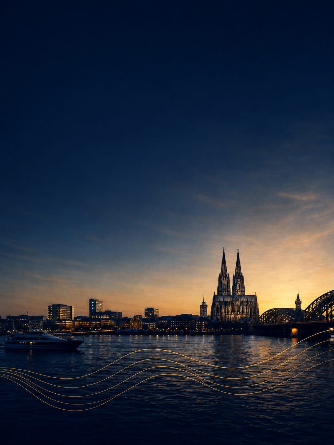 Kölner Dom und Hohenzollernbrücke am Rhein in der blauen Stunde